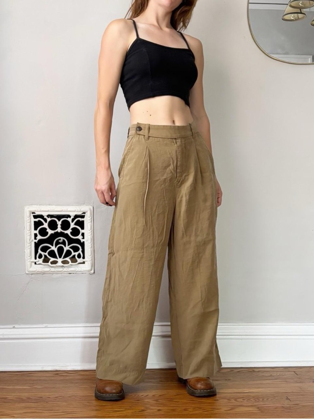 Madewell chic minimalist wide leg tan trousers